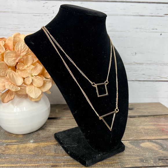 Gold Tone Geometric Two Strand Statement Necklace - Picture 2 of 6